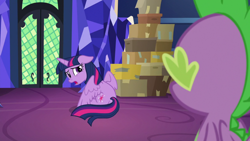 Size: 1920x1080 | Tagged: safe, screencap, spike, twilight sparkle, alicorn, dragon, pony, g4, the last problem, box, library, sad, twilight sparkle (alicorn), twilight's castle, twilight's castle library, winged spike, wings