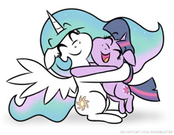 Size: 521x405 | Tagged: safe, artist:banebuster, princess celestia, twilight sparkle, pony, unicorn, series:tiny tia, g4, cute, cutelestia, duo, eyes closed, floppy ears, hug, open mouth, simple background, twiabetes, unicorn twilight, white background