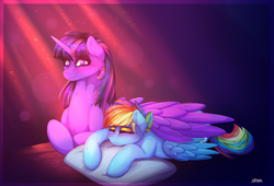 Size: 3168x2160 | Tagged: safe, artist:aaa-its-spook, rainbow dash, twilight sparkle, alicorn, pony, g4, duo, female, high res, lesbian, pillow, ship:twidash, shipping, sleeping, smiling, twilight sparkle (alicorn), wing blanket