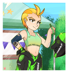 Size: 1400x1500 | Tagged: safe, artist:sugarelement, lightning dust, human, g4, the washouts (episode), autograph, belly button, clothes, female, hand on hip, humanized, midriff, nike, pen, racing suit, scene interpretation, signing, solo, sports bra, tattoo, tomboy, uniform, washouts uniform
