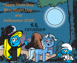 Size: 1280x1055 | Tagged: safe, artist:royalsmurf, trixie, pony, unicorn, g4, baby smurf, blue moon, halloween, halloween 2020, holiday, moon, night, smurfette, the smurfs