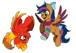Size: 1748x1240 | Tagged: safe, artist:ali-selle, oc, oc:rage quit, oc:ragedox, oc:solar comet, original species, pegasus, pony, clothes, commission, disguise, disguised changedling, eyelashes, flying, happy, looking at each other, simple background, socks, striped socks, transparent background, upside down