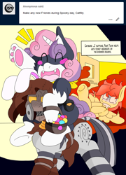 Size: 1839x2552 | Tagged: safe, artist:blackbewhite2k7, sweetie belle, zecora, pony, g4, ask, background pony, batman, blush sticker, blushing, bunny ears, catfilly, catgirl (dc), clothes, cosplay, costume, eyes closed, fear toxin, halloween, holiday, kitrina falcone, morgana, open mouth, open smile, palindrome get, persona 5, scarecrow, smiling, trick or treat