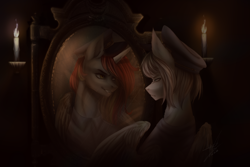 Size: 3000x2000 | Tagged: artist needed, source needed, safe, oc, oc only, oc:king phoenix, oc:light knight, alicorn, pegasus, pony, candle, darkness, duo, hat, high res, looking at each other, mirror