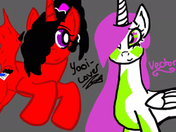 Size: 2048x1536 | Tagged: safe, artist:artmama113, oc, oc only, oc:vector, oc:yaoilover, alicorn, bat pony, bat pony alicorn, pony, alicorn oc, bat pony oc, bat wings, duo, female, flying, gray background, hair over one eye, horn, mare, simple background, wings