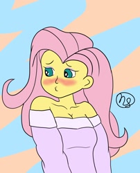 Size: 1652x2048 | Tagged: safe, artist:demitri, fluttershy, human, equestria girls, g4, abstract background, blushing, bust, clothes, collarbone, colored, cute, duckface, eyeshadow, female, looking away, makeup, off shoulder, shyabetes, signature, solo, sweater, wingding eyes