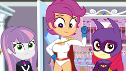 Size: 1920x1080 | Tagged: safe, artist:wanderingeditor, edit, edited screencap, screencap, apple bloom, scootaloo, sweetie belle, equestria girls, g4, alternate hairstyle, batgirl, bicep flex, big breasts, boob window, breasts, busty scootaloo, cleavage, clothes, cosplay, costume, cutie mark crusaders, dc superhero girls, female, gloves, hand on hip, height difference, leotard, lipstick, nightmare night, older, older scootaloo, power girl, rarity's bedroom, size difference, trio, trio female, zatanna