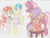 Size: 1117x850 | Tagged: safe, artist:semijuggalo, aunt holiday, auntie lofty, cheerilee, scootaloo, earth pony, pegasus, pony, g4, angry, bandaid, black eye, blood, bruised, concerned, implied fight, nosebleed, not what it looks like, stool, time out, traditional art