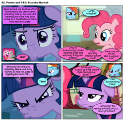 Size: 868x856 | Tagged: safe, artist:dziadek1990, edit, edited screencap, screencap, pinkie pie, rainbow dash, twilight sparkle, oc, oc:skullfuck doombringer, comic:ponies and d&d, g4, comic, conversation, dialogue, dungeons and dragons, emote story:ponies and d&d, pen and paper rpg, rpg, screencap comic, slice of life, tabletop game, text