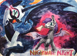 Size: 3984x2916 | Tagged: safe, artist:ja0822ck, nightmare moon, oc, alicorn, bat pony, pony, g4, bat pony oc, bat wings, female, hatchet, high res, male, mare, mask, mouth hold, nightmare night, slit pupils, stallion, traditional art, watercolor painting, wings