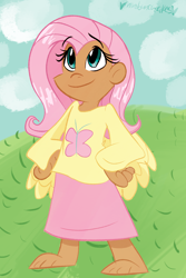 Size: 800x1200 | Tagged: safe, artist:mirabuncupcakes15, fluttershy, human, g4, barefoot, clothes, cloud, dark skin, feet, female, grass, hill, humanized, skirt, sky, solo, sweater, sweatershy, winged humanization, wings
