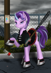Size: 2480x3507 | Tagged: safe, artist:dezdark, gameloft, princess celestia, starlight glimmer, pony, unicorn, g4, anarchism, anarchist, barbed wire, baseball bat, bottle, clothes, coke bottle, cola cola, ear piercing, edgelight glimmer, fangs, female, high res, mare, piercing, punk, short mane, skirt, solo, wanted poster, weapon