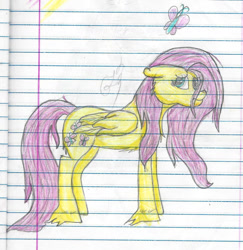 Size: 1135x1166 | Tagged: safe, artist:twin-fan, fluttershy, butterfly, pegasus, pony, g4, female, hoof fluff, lined paper, mare, signature, solo, traditional art