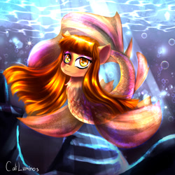 Size: 2000x2000 | Tagged: safe, artist:cali luminos, oc, oc only, fish, merpony, sea pony, bubble, commission, crepuscular rays, cute, digital art, drawing, eyeshadow, female, fins, fish tail, flowing mane, flowing tail, high res, lidded eyes, looking at you, makeup, ocean, signature, smiling, smiling at you, solo, sparkles, sunlight, swimming, tail, underwater, water