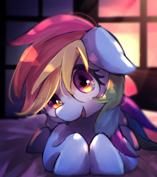 Size: 1600x1800 | Tagged: safe, artist:lexiedraw, rainbow dash, pegasus, pony, crepuscular rays, cute, dashabetes, female, floppy ears, indoors, looking at you, mare, sitting, smiling, smiling at you, solo, window