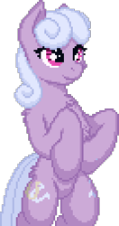 Size: 201x381 | Tagged: safe, artist:zeka10000, lilac links, earth pony, pony, g4, bipedal, chest fluff, cute, female, hoof on belly, lilac adoralinks, mare, pixel art, simple background, solo, standing, transparent background