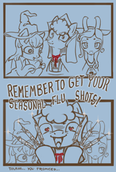 Size: 1514x2257 | Tagged: safe, artist:saby, derpibooru exclusive, oc, oc only, oc:eerilee, oc:gossamer, oc:nurse tourniquet, earth pony, pony, spider, 2 panel comic, anne boleyn, aside glance, beanbrows, bell, choker, clothes, comic, costume, crazed, deadpan, disturbed, dress, excited, female, french hood, gable hood, grogar's bell, hat, headband, heart eyes, holding back, implied execution, implied grogar, jewelry, limited palette, lineart, manic grin, necklace, nightmare night, nightmare night costume, partial color, pet, shiny, syringe, trio, unnerving stare, vaccination, wingding eyes, witch hat
