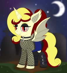 Size: 1449x1592 | Tagged: safe, artist:dyonys, oc, oc:miss libussa, alicorn, bat pony, bat pony alicorn, pony, unicorn, vampire, vampony, bat wings, boots, choker, clothes, crescent moon, fangs, female, halloween, holiday, horn, mare, moon, nightmare night, shirt, shoes, skirt, wings