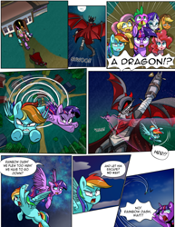 Size: 2550x3300 | Tagged: safe, artist:candyclumsy, artist:zettaidullahan, applejack, fluttershy, pinkie pie, rainbow dash, rarity, spike, twilight sparkle, alicorn, dragon, earth pony, pony, comic:curse and madness, g4, comic, female, flying, high res, mare, mlpcam, twilight sparkle (alicorn)