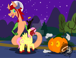 Size: 1024x792 | Tagged: safe, artist:adhiguna, artist:johnathon-matthews, discord, fluttershy, oc, oc:artisan keyblade, oc:khunis jirall, alicorn, draconequus, pony, unicorn, g4, clothes, costume, deviantart watermark, inanimate tf, nightmare night, obtrusive watermark, pumpkin, transformation, watermark