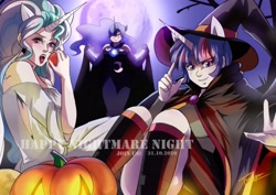 Size: 2456x1736 | Tagged: safe, artist:traupa, nightmare moon, princess celestia, twilight sparkle, human, vampire, g4, apple, clothes, costume, eared humanization, food, full moon, halloween, halloween costume, hat, holiday, horn, horned humanization, humanized, moon, open mouth, witch, witch hat