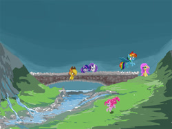 Size: 800x600 | Tagged: safe, artist:slamjam, applejack, fluttershy, pinkie pie, rainbow dash, rarity, twilight sparkle, g4, bridge, mane six, overcast, river, scenery, stream, water