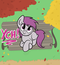 Size: 1319x1436 | Tagged: safe, artist:lannielona, pony, advertisement, autumn, bench, commission, crossed legs, female, grass, leaf, leaves, looking up, mare, solo, tree, your character here