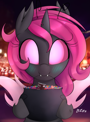 Size: 1637x2200 | Tagged: safe, artist:illusion, oc, oc only, oc:idem, changeling, blushing, buzzing wings, candy, fangs, food, halloween, happy, holiday, pink changeling, smiling, solo, wings