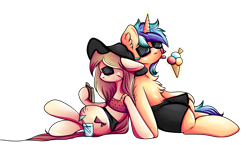 Size: 6744x3925 | Tagged: safe, artist:coco-drillo, oc, oc only, oc:cocodrillo, oc:dex, earth pony, pony, unicorn, chest fluff, clothes, codex, colorful, crossed legs, drink, ear fluff, floppy ears, food, glasses, hat, ice cream, levitation, licking, magic, magic aura, messy mane, mlem, reading, scar, silly, simple background, sitting, summer, sunglasses, swimsuit, telekinesis, tongue out, transparent background
