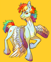 Size: 1000x1200 | Tagged: safe, artist:eeelt, rainbow dash, pegasus, pony, g4, alternate design, alternate hairstyle, chest fluff, colored wings, female, grin, markings, short hair, simple background, smiling, solo, unshorn fetlocks, wings, yellow background