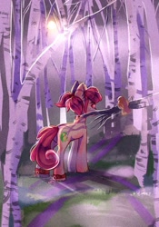 Size: 1436x2048 | Tagged: safe, artist:crybaby, oc, oc only, oc:hopple scotch, bird, earth pony, pony, ankle cuffs, backwards cutie mark, chains, commission, cuffs, female, film grain, forest, forest background, grass, looking at you, looking back, looking back at you, mare, moon, moonlight, night, outdoors, pigtails, solo, tree, tree branch, ych result