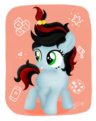 Size: 1100x1380 | Tagged: safe, artist:waret milout, oc, oc only, oc:nasty, pony, unicorn, baby, black, black mane, blue, costado en blanco, cube, cute, female, filly, foal, freckles, green eyes, hairstyle, heart, music notes, nintendo, nintendo switch, playing, red, red mane, short hair, short mane, solo, stars, toy