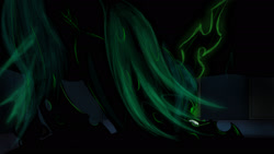 Size: 2074x1167 | Tagged: safe, artist:mixdaponies, queen chrysalis, changeling, changeling queen, g4, don't let the bed bugs bite, female, glowing, glowing eyes