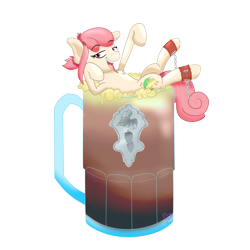 Size: 2000x2000 | Tagged: safe, artist:theartistsora, oc, oc only, oc:hopple scotch, earth pony, pony, alcohol, ankle cuffs, beer, chains, chest fluff, commission, cuffs, cup, cup of pony, female, foam, grin, high res, looking at you, lying down, mare, micro, mug, on back, open mouth, simple background, smiling, solo, transparent background