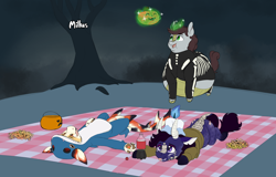 Size: 2620x1676 | Tagged: safe, artist:gradoge, oc, oc:dyson, oc:gesr, oc:milkus, dracony, dragon, hybrid, pony, candy, chubby, clothes, cola cola, costume, fat, food, halloween, halloween 2020, halloween costume, holiday, lying, lying down, magic, night, orca dragon, patch, scratches, skeleton costume, stuffing, tree, young