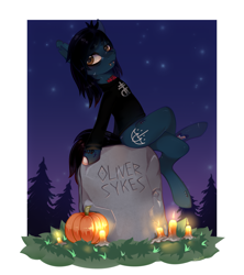Size: 2039x2300 | Tagged: safe, artist:splush23, earth pony, pony, undead, zombie, zombie pony, bags under eyes, bloodshot eyes, bone, bring me the horizon, candle, clothes, commission, fangs, grass, gravestone, high res, leaning back, lip piercing, long sleeves, male, night, night sky, oliver sykes, piercing, ponified, pumpkin, scar, shirt, sitting, sky, solo, stars, stitches, tattoo, tree, ych result