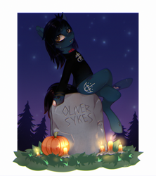 Size: 2039x2300 | Tagged: safe, alternate version, artist:splush23, earth pony, pony, undead, zombie, zombie pony, bags under eyes, bloodshot eyes, bone, bring me the horizon, candle, clothes, commission, fangs, grass, gravestone, high res, leaning back, lip piercing, long sleeves, male, night, night sky, oliver sykes, piercing, ponified, pumpkin, scar, shirt, sitting, sky, solo, stars, stitches, tattoo, tree, ych result
