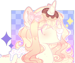 Size: 1308x1094 | Tagged: safe, artist:mint-light, oc, oc only, pony, unicorn, bust, commission, donut, ear fluff, eyes closed, food, grin, horn, horn impalement, signature, simple background, smiling, solo, transparent background, unicorn oc, ych result