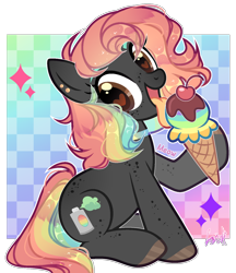 Size: 1326x1535 | Tagged: safe, artist:mint-light, oc, oc only, earth pony, pony, commission, ear piercing, earth pony oc, food, heart eyes, hoof hold, hoof polish, ice cream, ice cream cone, licking, multicolored hair, piercing, rainbow hair, signature, simple background, sitting, solo, tongue out, transparent background, wingding eyes, ych result