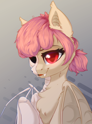 Size: 2048x2732 | Tagged: safe, artist:alphadesu, oc, oc only, oc:hopple scotch, bat pony, pony, vampire bat pony, freeny's hidden dissectibles, adoracreepy, bat ponified, bat wings, bone, bust, chest fluff, commission, creepy, cute, dissectibles, ear fluff, empty eye socket, fangs, female, high res, looking at you, mare, pigtails, race swap, raised hoof, red eyes, simple background, skeleton, smiling, toy interpretation, wings, ych result
