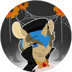 Size: 500x500 | Tagged: safe, artist:spaceasylum, oc, oc only, oc:clockwork (lavender love), pony, unicorn, vampire, blood, bust, clothes, hat, male, solo, spider web, stallion