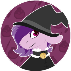 Size: 500x500 | Tagged: safe, artist:spaceasylum, oc, oc only, oc:lavender love, earth pony, pony, bell, bell collar, bust, clothes, collar, hat, male, solo, stallion, witch costume, witch hat