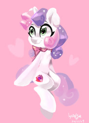 Size: 936x1285 | Tagged: safe, artist:oofycolorful, sweetie belle, pony, unicorn, g4, chest fluff, cute, diasweetes, ear fluff, female, filly, heart, heart eyes, leg fluff, neck bow, pink background, simple background, sitting, solo, wingding eyes