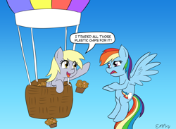 Size: 1000x733 | Tagged: safe, artist:empyu, derpy hooves, rainbow dash, pegasus, pony, g4, 45 minute art challenge, backwards cutie mark, confused, derpy being derpy, duo, flying, food, hot air balloon, muffin