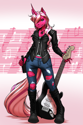 Size: 1900x2850 | Tagged: safe, artist:mykegreywolf, oc, oc only, oc:pynk hyde, unicorn, anthro, alcohol, beer, boots, clothes, curved horn, female, guitar, hard rock, horn, jacket, leather, leather boots, leather jacket, music notes, musical instrument, punk, rock (music), rocker, shoes, solo, torn clothes