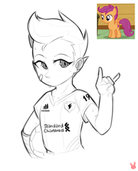 Size: 890x1104 | Tagged: safe, artist:sugarelement, scootaloo, human, pegasus, pony, g4, adidas, bandage, clothes, cutie mark, cutie mark on clothes, devil horn (gesture), football, football jersey, humanized, jersey, screencap reference, short hair, sketch, solo, sports, sports outfit, standard chartered, sweat