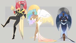 Size: 1280x732 | Tagged: safe, artist:m00n-fruit, discord, princess celestia, princess luna, human, g4, barefoot, bent over, big breasts, breasts, busty princess celestia, cleavage, dark skin, eyes closed, feet, female, fire, horn, horned humanization, humanized, hybrid wings, male, moderate dark skin, pointing, trio, vitiligo, winged humanization, wings