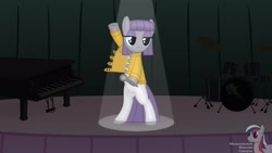Size: 1920x1080 | Tagged: safe, artist:intelmax89, maud pie, earth pony, pony, g4, bipedal, clothes, drum kit, drums, freddie mercury, jacket, microphone, musical instrument, pants, piano, queen (band), solo, spotlight, stage, the rainbooms
