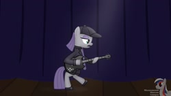 Size: 1920x1080 | Tagged: safe, artist:intelmax89, maud pie, earth pony, pony, g4, ac/dc, angus young, bipedal, clothes, guitar, hard rock, hat, jacket, musical instrument, necktie, rock (music), shoes, shorts, solo, stage, suit