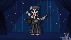 Size: 1920x1080 | Tagged: safe, artist:intelmax89, maud pie, earth pony, pony, g4, bass guitar, bipedal, clothes, costume, face paint, gene simmons, guitar, jacket, kiss (band), makeup, musical instrument, outfit, pants, solo, stage, tongue out, uvula